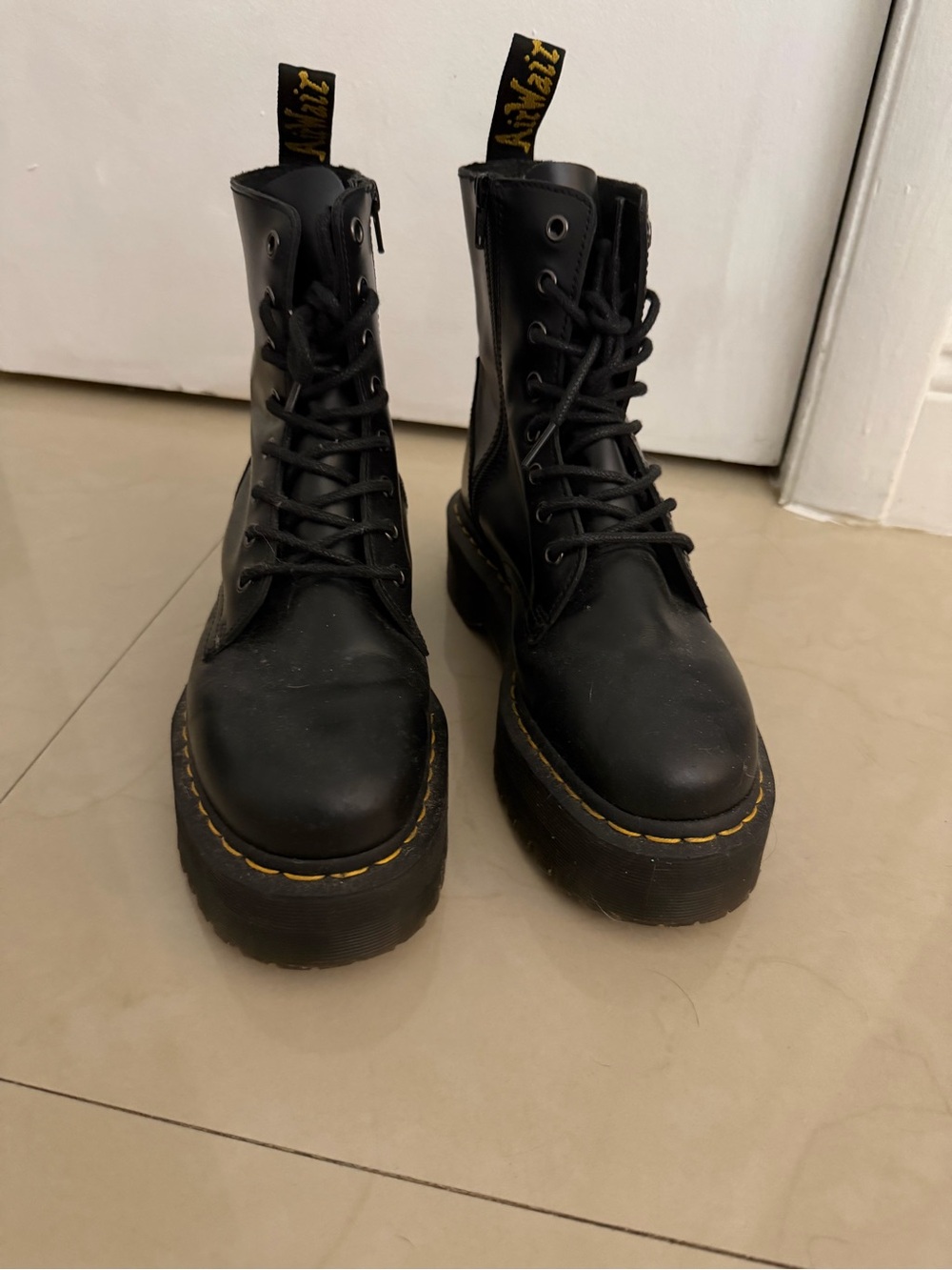 Dr. Martens Black Platform Lace-Up Combat Boots with Yellow Stitching